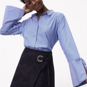 Loft Pin Stripe Bell Sleeve Button Front Blue White Top